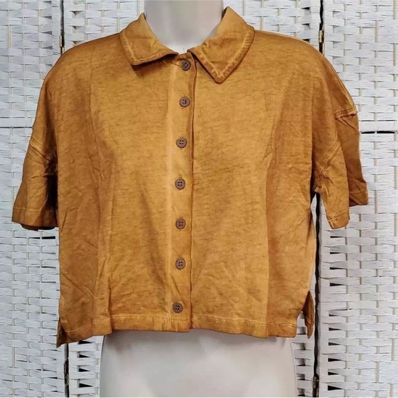 Free People Womens XS Weekend Rush Crop Top Brown Short Sleeve Button Fr… - Picture 1 of 4